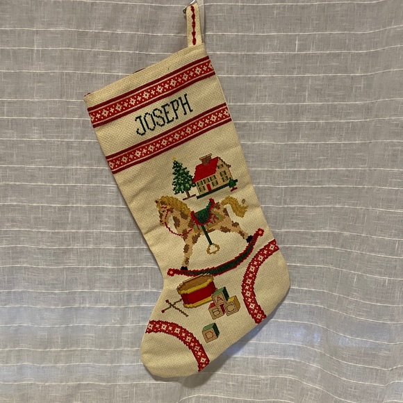 Merry Christmas Other - Cross stitch Holiday Stocking with Rocking Horse Design